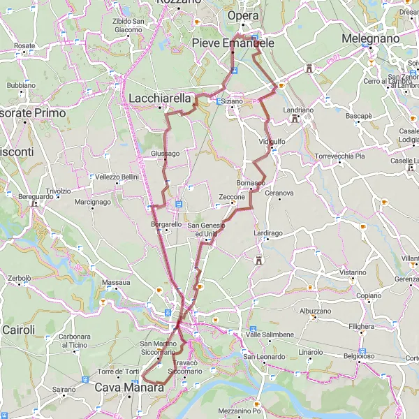 Miniatua del mapa de inspiración ciclista "Ruta de gravel de 69 km a Locate di Triulzi" en Lombardia, Italy. Generado por Tarmacs.app planificador de rutas ciclistas