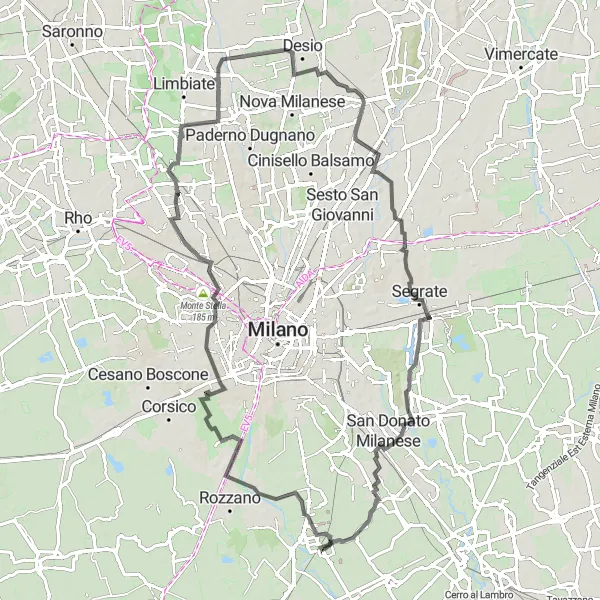 Miniatua del mapa de inspiración ciclista "Ruta de 90 km con desafíos desde Locate di Triulzi" en Lombardia, Italy. Generado por Tarmacs.app planificador de rutas ciclistas