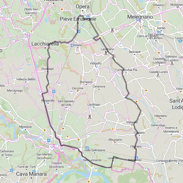Miniatua del mapa de inspiración ciclista "Ruta en carretera desde Locate di Triulzi" en Lombardia, Italy. Generado por Tarmacs.app planificador de rutas ciclistas