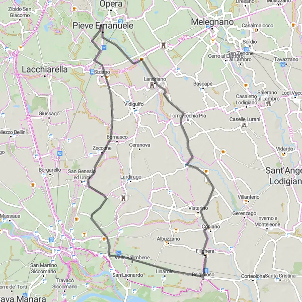 Map miniature of "Landriano Loop" cycling inspiration in Lombardia, Italy. Generated by Tarmacs.app cycling route planner