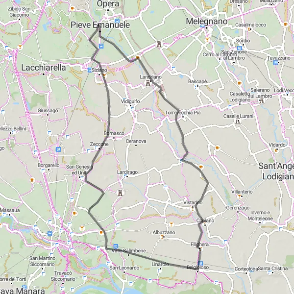 Miniatua del mapa de inspiración ciclista "Ruta de ciclismo de 62 km desde Locate di Triulzi" en Lombardia, Italy. Generado por Tarmacs.app planificador de rutas ciclistas