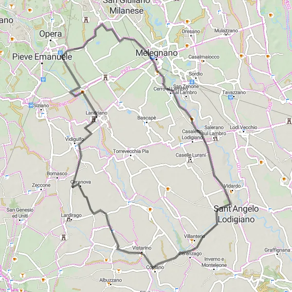 Mapa miniatúra "Okruh na ceste zo Locate di Triulzi do Mezzana" cyklistická inšpirácia v Lombardia, Italy. Vygenerované cyklistickým plánovačom trás Tarmacs.app