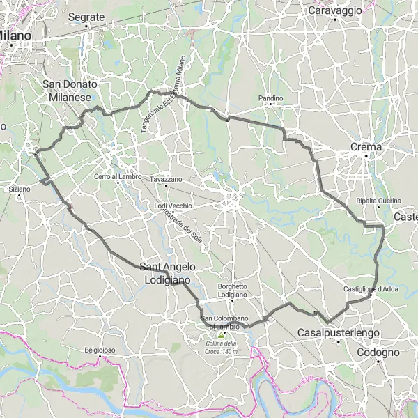 Map miniature of "Thrilling Road Cycling Route via Locate di Triulzi" cycling inspiration in Lombardia, Italy. Generated by Tarmacs.app cycling route planner