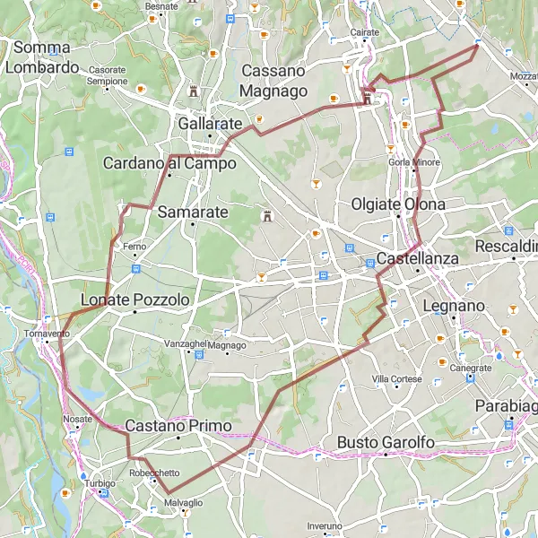 Mapa miniatúra "Gravelový dobrodružný výlet okolo Gorla Minore" cyklistická inšpirácia v Lombardia, Italy. Vygenerované cyklistickým plánovačom trás Tarmacs.app