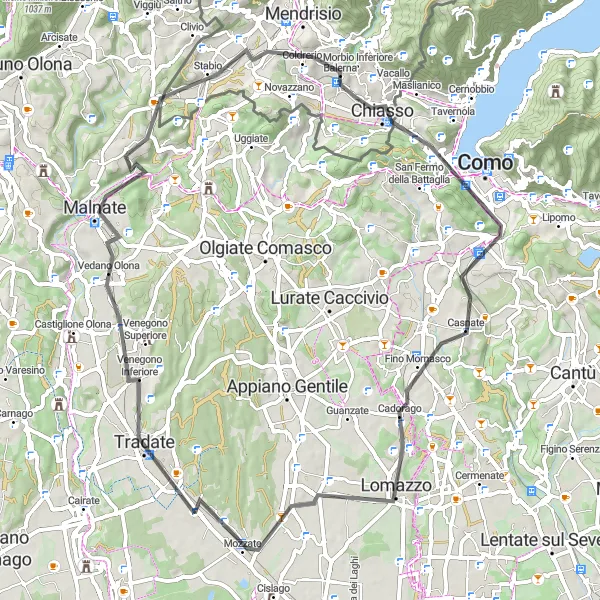 Miniatua del mapa de inspiración ciclista "Ruta panorámica por Tradate y Malnate" en Lombardia, Italy. Generado por Tarmacs.app planificador de rutas ciclistas