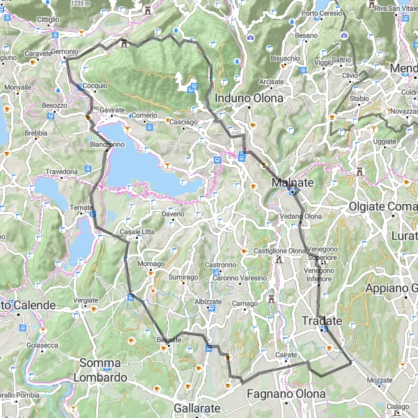 Miniatua del mapa de inspiración ciclista "Ruta alrededor de Varese y Cairate" en Lombardia, Italy. Generado por Tarmacs.app planificador de rutas ciclistas