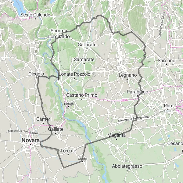 Karttaminiaatyyri "Locate Varesino - Cislago - Nerviano - Arluno - Cameri - Oleggio - Tornavento - Monte Belvedere - Somma Lombardo - Carnago - Locate Varesino" pyöräilyinspiraatiosta alueella Lombardia, Italy. Luotu Tarmacs.app pyöräilyreittisuunnittelijalla