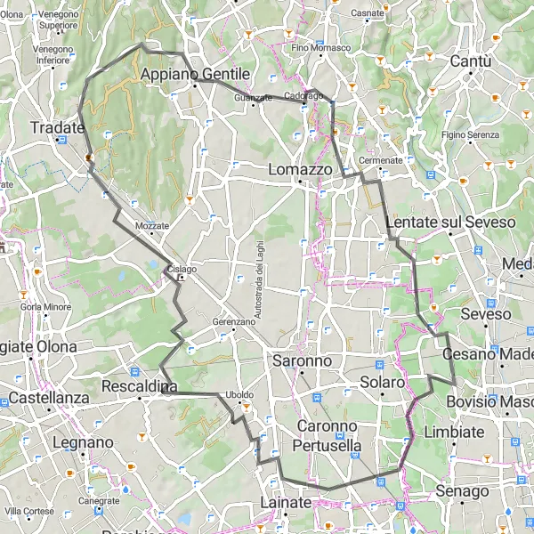 Miniatua del mapa de inspiración ciclista "Ruta Escénica de Ciclismo de 67 km desde Locate Varesino" en Lombardia, Italy. Generado por Tarmacs.app planificador de rutas ciclistas
