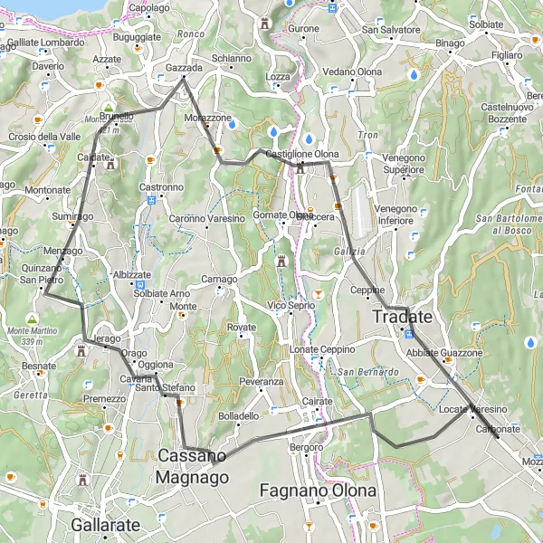 Miniatua del mapa de inspiración ciclista "Viaje escénico a Cairate y Monte Martino" en Lombardia, Italy. Generado por Tarmacs.app planificador de rutas ciclistas