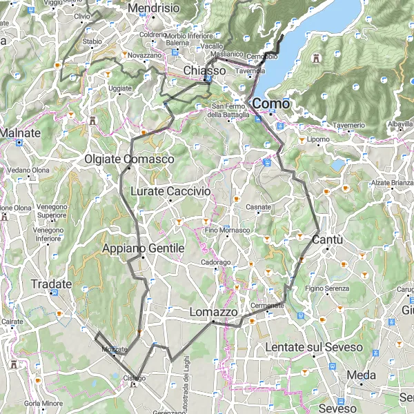 Miniatua del mapa de inspiración ciclista "Ruta por carretera de 75 km desde Locate Varesino" en Lombardia, Italy. Generado por Tarmacs.app planificador de rutas ciclistas