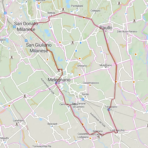 Miniatura della mappa di ispirazione al ciclismo "Giro in Gravel Melegnano-Paullo-Quartiano" nella regione di Lombardia, Italy. Generata da Tarmacs.app, pianificatore di rotte ciclistiche