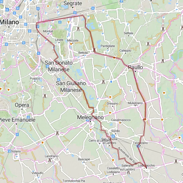 Miniatuurkaart van de fietsinspiratie "Grindweg door Melegnano en San Zenone al Lambro" in Lombardia, Italy. Gemaakt door de Tarmacs.app fietsrouteplanner