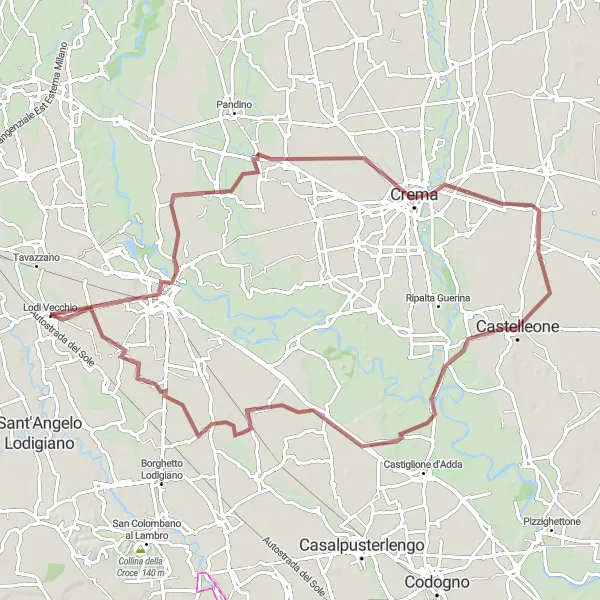 Kartminiatyr av "Lodi Vecchio till Ossago Lodigiano Loop" cykelinspiration i Lombardia, Italy. Genererad av Tarmacs.app cykelruttplanerare