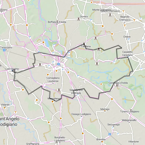 Miniatua del mapa de inspiración ciclista "Ruta de ciclismo de carretera desde Lodi Vecchio a Borgo San Giovanni" en Lombardia, Italy. Generado por Tarmacs.app planificador de rutas ciclistas
