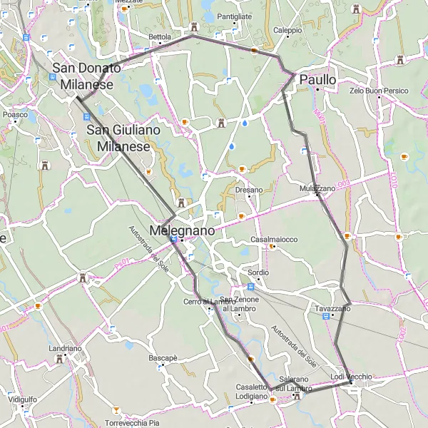 Miniaturní mapa "Okruh Cerro al Lambro - San Giuliano Milanese - Punto di osservazione del canneto - Mulazzano - Lodi Vecchio" inspirace pro cyklisty v oblasti Lombardia, Italy. Vytvořeno pomocí plánovače tras Tarmacs.app