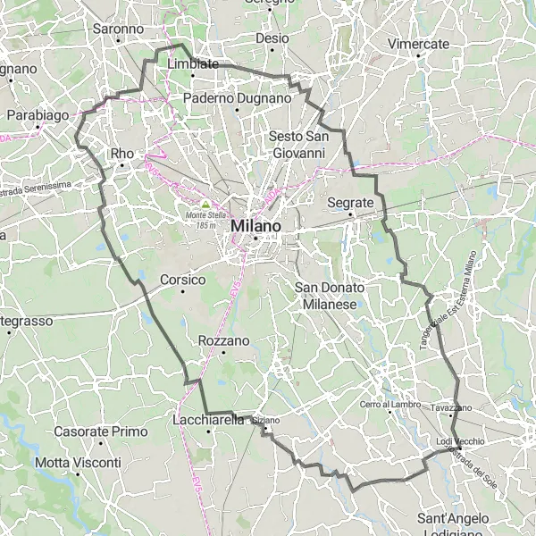 Miniatura della mappa di ispirazione al ciclismo "Pedalata tra Lacchiarella e Toce" nella regione di Lombardia, Italy. Generata da Tarmacs.app, pianificatore di rotte ciclistiche