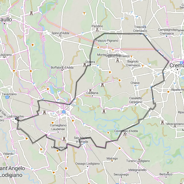 Miniatura della mappa di ispirazione al ciclismo "Tour in Bici da Lodi a Borgo San Giovanni" nella regione di Lombardia, Italy. Generata da Tarmacs.app, pianificatore di rotte ciclistiche