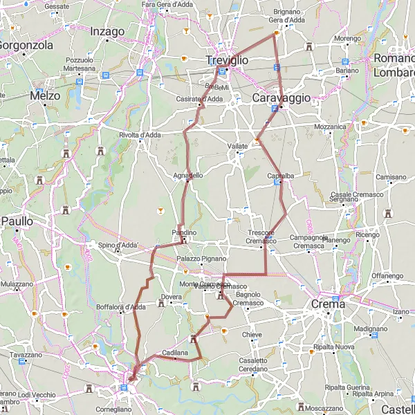 Mapa miniatúra "Gravel Pandino Circuit" cyklistická inšpirácia v Lombardia, Italy. Vygenerované cyklistickým plánovačom trás Tarmacs.app