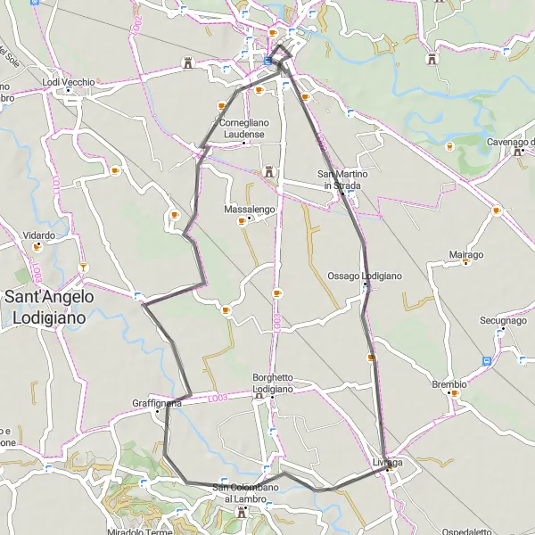 Miniatura della mappa di ispirazione al ciclismo "Giro in bici da Lodi a Ossago Lodigiano" nella regione di Lombardia, Italy. Generata da Tarmacs.app, pianificatore di rotte ciclistiche