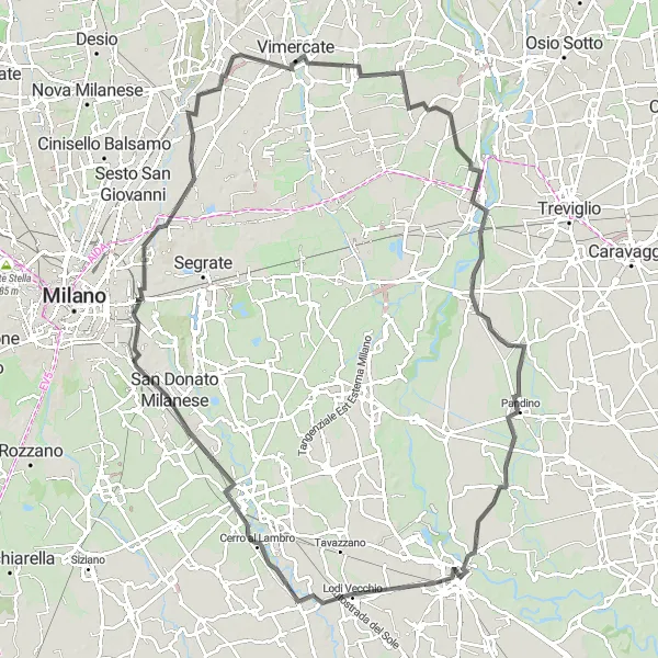 Mapa miniatúra "Lodi - Cerro al Lambro" cyklistická inšpirácia v Lombardia, Italy. Vygenerované cyklistickým plánovačom trás Tarmacs.app