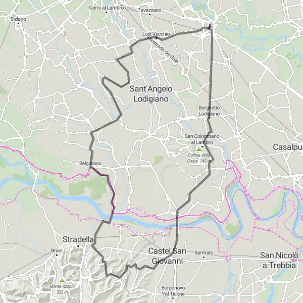 Map miniature of "Lodi and Beyond" cycling inspiration in Lombardia, Italy. Generated by Tarmacs.app cycling route planner