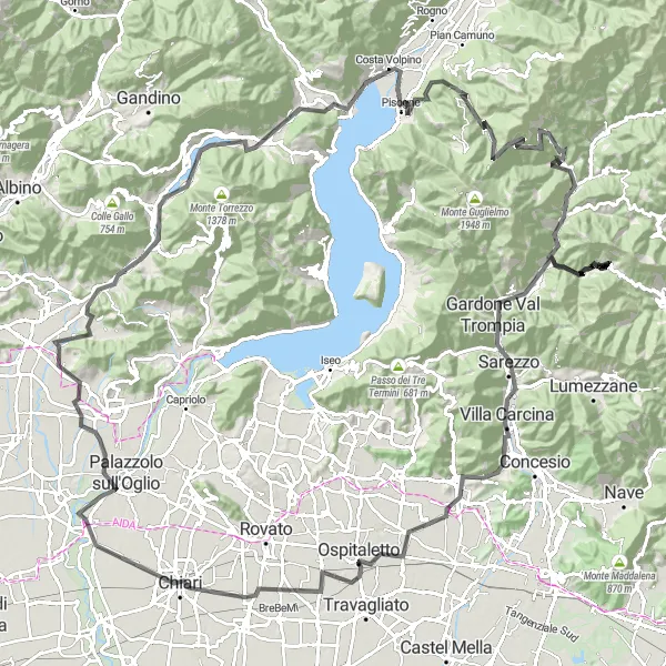 Mapa miniatúra "Trasa cez Lombardsko" cyklistická inšpirácia v Lombardia, Italy. Vygenerované cyklistickým plánovačom trás Tarmacs.app