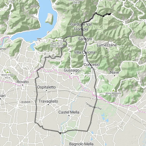 Miniatura della mappa di ispirazione al ciclismo "Rotta tra le Montagne del Bresciano" nella regione di Lombardia, Italy. Generata da Tarmacs.app, pianificatore di rotte ciclistiche
