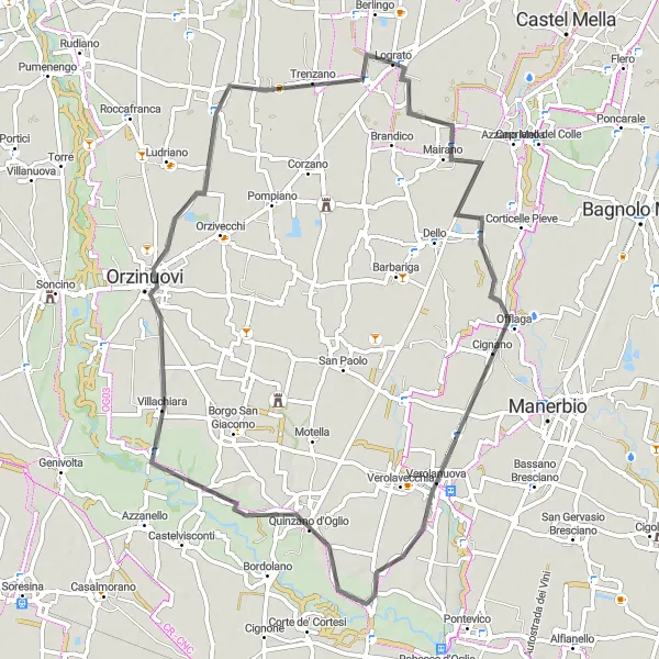 Miniaturní mapa "Cyklistická trasa Quinzanello-Verolanuova-Trenzano" inspirace pro cyklisty v oblasti Lombardia, Italy. Vytvořeno pomocí plánovače tras Tarmacs.app