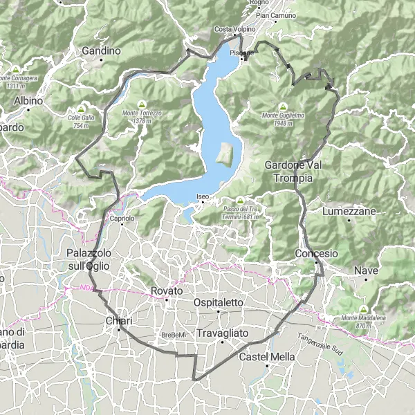 Map miniature of "The Valleys and Mountains Challenge" cycling inspiration in Lombardia, Italy. Generated by Tarmacs.app cycling route planner