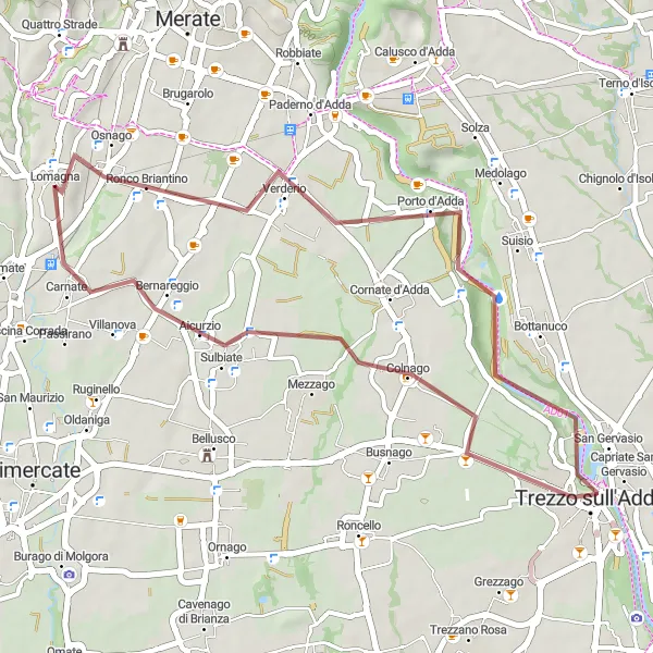 Miniatua del mapa de inspiración ciclista "Ruta de grava por Ronco Briantino, Capriate San Gervasio y Carnate" en Lombardia, Italy. Generado por Tarmacs.app planificador de rutas ciclistas