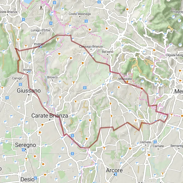 Miniatua del mapa de inspiración ciclista "Ruta de grava por Osnago, Triuggio, Verano Brianza, Inverigo, Barzanò y Quattro Strade" en Lombardia, Italy. Generado por Tarmacs.app planificador de rutas ciclistas
