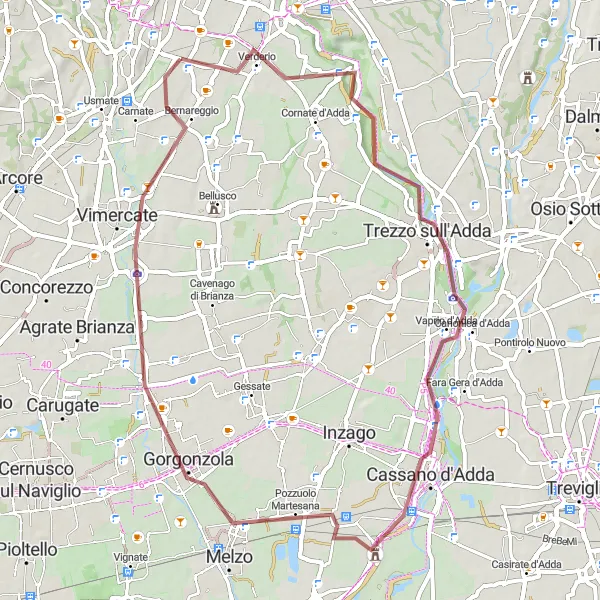 Miniatura della mappa di ispirazione al ciclismo "Avventura in bicicletta da Lomagna a Gorgonzola" nella regione di Lombardia, Italy. Generata da Tarmacs.app, pianificatore di rotte ciclistiche
