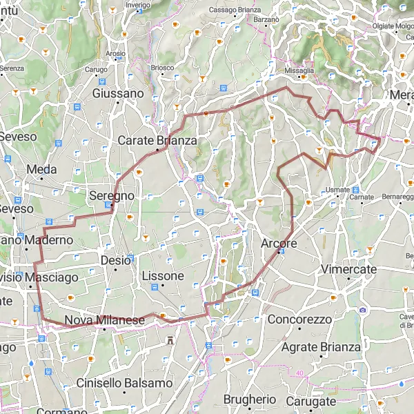 Miniature de la carte de l'inspiration cycliste "Aventure nature autour de Monza et Seregno" dans la Lombardia, Italy. Générée par le planificateur d'itinéraire cycliste Tarmacs.app
