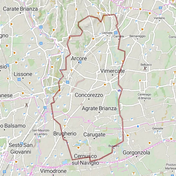 Zemljevid v pomanjšavi "Lomagna - Caponago - Brugherio - Villasanta - Lesmo" kolesarske inspiracije v Lombardia, Italy. Generirano z načrtovalcem kolesarskih poti Tarmacs.app