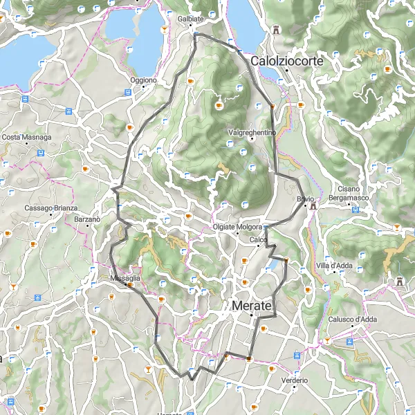 Map miniature of "Hills and Villages" cycling inspiration in Lombardia, Italy. Generated by Tarmacs.app cycling route planner