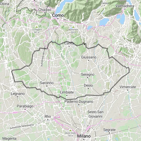 Mapa miniatúra "Cesta do kopcov Lombardie" cyklistická inšpirácia v Lombardia, Italy. Vygenerované cyklistickým plánovačom trás Tarmacs.app