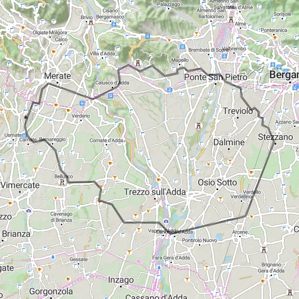 Zemljevid v pomanjšavi "Lomagna - Monte Robbio - Sotto il Monte Giovanni XXIII - Ponte San Pietro - Verdellino - Sulbiate" kolesarske inspiracije v Lombardia, Italy. Generirano z načrtovalcem kolesarskih poti Tarmacs.app