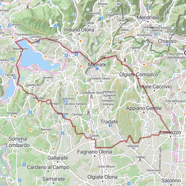 Map miniature of "Varese Gravel Wonderland" cycling inspiration in Lombardia, Italy. Generated by Tarmacs.app cycling route planner