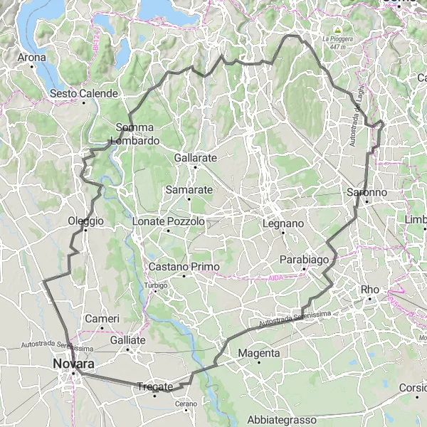 Karttaminiaatyyri "Lomazzo - Rovellasca - Somma Lombardo - Menegardo" pyöräilyinspiraatiosta alueella Lombardia, Italy. Luotu Tarmacs.app pyöräilyreittisuunnittelijalla