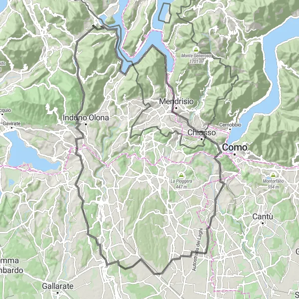 Miniature de la carte de l'inspiration cycliste "Tour des Lacs de Lombardie" dans la Lombardia, Italy. Générée par le planificateur d'itinéraire cycliste Tarmacs.app