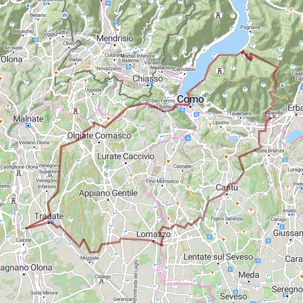 Miniatua del mapa de inspiración ciclista "Ruta de Grava por Tradate, Monte Cucco, San Fermo della Battaglia, Molina, Monte Bolettone, Albavilla, Bregnano y Abbiate Guazzone" en Lombardia, Italy. Generado por Tarmacs.app planificador de rutas ciclistas