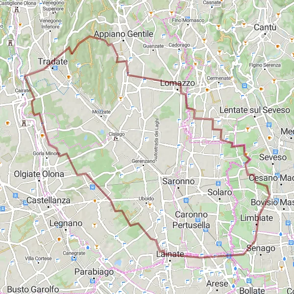 Map miniature of "Gravel Road Through Veniano and Rescaldina" cycling inspiration in Lombardia, Italy. Generated by Tarmacs.app cycling route planner