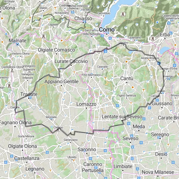 Miniaturní mapa "Silniční Cyklotrasa Tradate - Turate" inspirace pro cyklisty v oblasti Lombardia, Italy. Vytvořeno pomocí plánovače tras Tarmacs.app