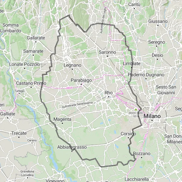 Miniatura della mappa di ispirazione al ciclismo "Giro Panoramico tra Borghi e Campagne" nella regione di Lombardia, Italy. Generata da Tarmacs.app, pianificatore di rotte ciclistiche