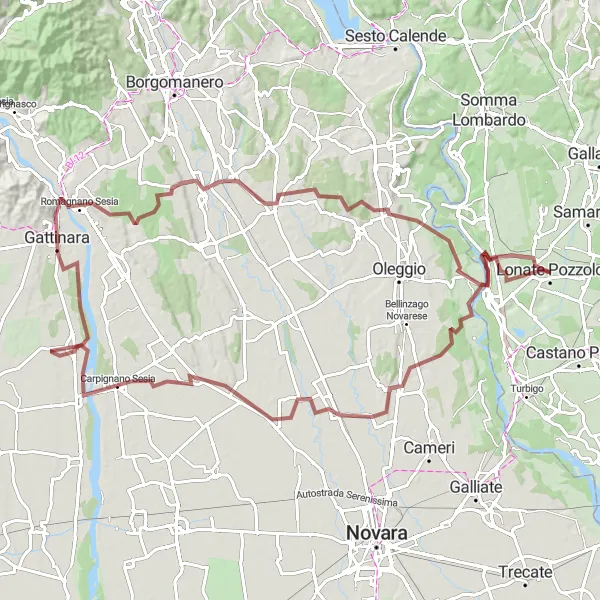 Miniaturní mapa "Gravelový okruh kolem Lonate Pozzolo přes Tornavento, Caltignaga, Lenta, Colle San Lorenzo, Romagnano Sesia, Suno, Marano Ticino a Lonate Pozzolo" inspirace pro cyklisty v oblasti Lombardia, Italy. Vytvořeno pomocí plánovače tras Tarmacs.app