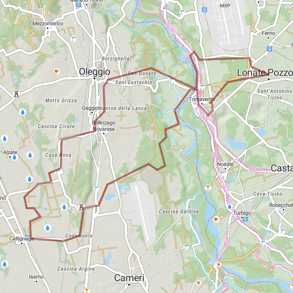 Karttaminiaatyyri "Lonate Pozzolo-Oleggio Cycling Route" pyöräilyinspiraatiosta alueella Lombardia, Italy. Luotu Tarmacs.app pyöräilyreittisuunnittelijalla