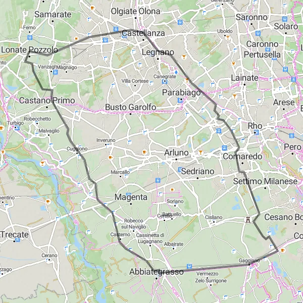 Miniaturní mapa "Okružní cyklistická trasa kolem Lonate Pozzolo" inspirace pro cyklisty v oblasti Lombardia, Italy. Vytvořeno pomocí plánovače tras Tarmacs.app