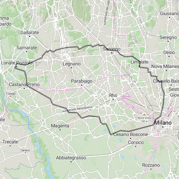 Miniatuurkaart van de fietsinspiratie "Route door Limbiate en Branca Tower" in Lombardia, Italy. Gemaakt door de Tarmacs.app fietsrouteplanner