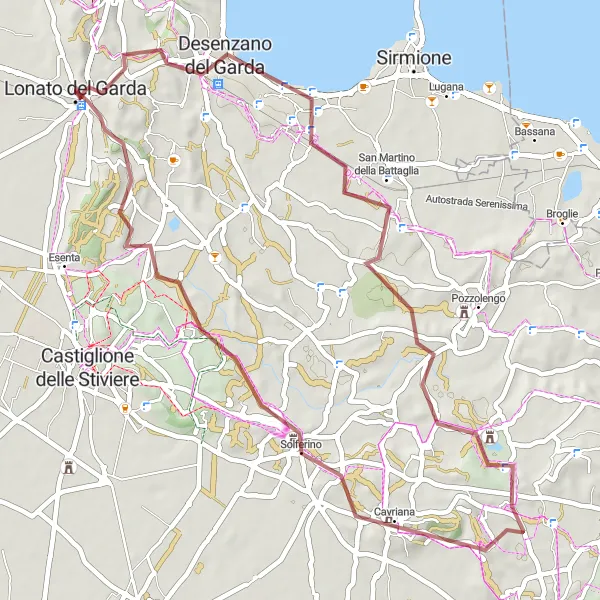 Miniaturní mapa "Gravelový okruh u Lonata" inspirace pro cyklisty v oblasti Lombardia, Italy. Vytvořeno pomocí plánovače tras Tarmacs.app