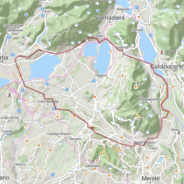 Miniatura della mappa di ispirazione al ciclismo "Giro in Gravel intorno al Lago di Segrino" nella regione di Lombardia, Italy. Generata da Tarmacs.app, pianificatore di rotte ciclistiche